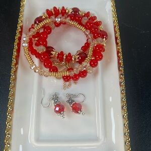 #42 Red and Gold Beaded Bracelet and Earring Set